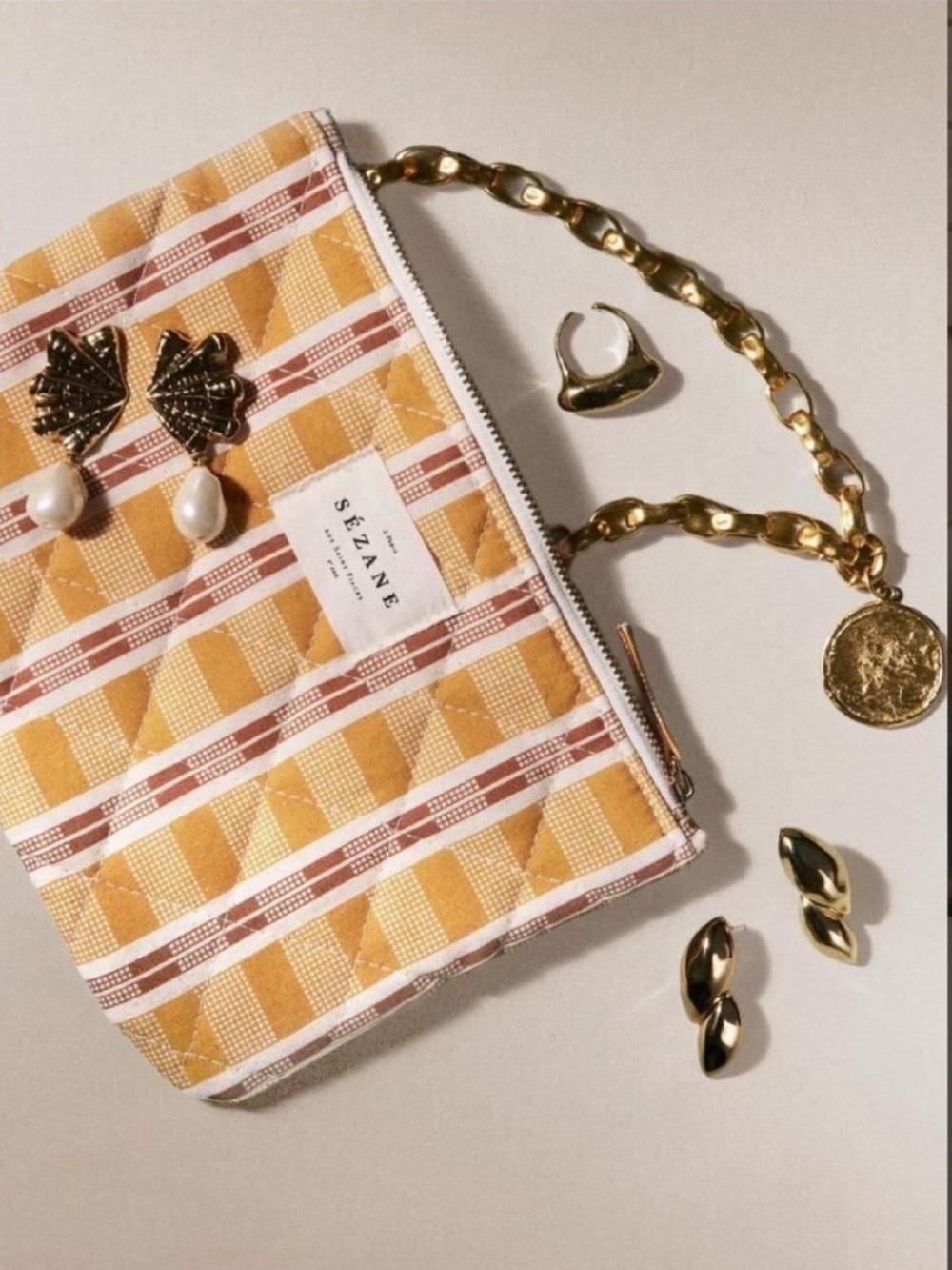 Sezane Yellow and Brown Plaid Quilted Pouch
